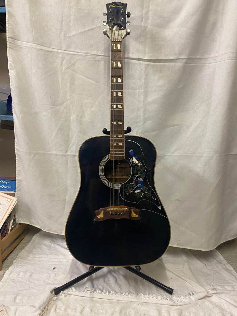 Old Lorenzo Acoustic Guitar – Fair Condition, Black with Bird Motif