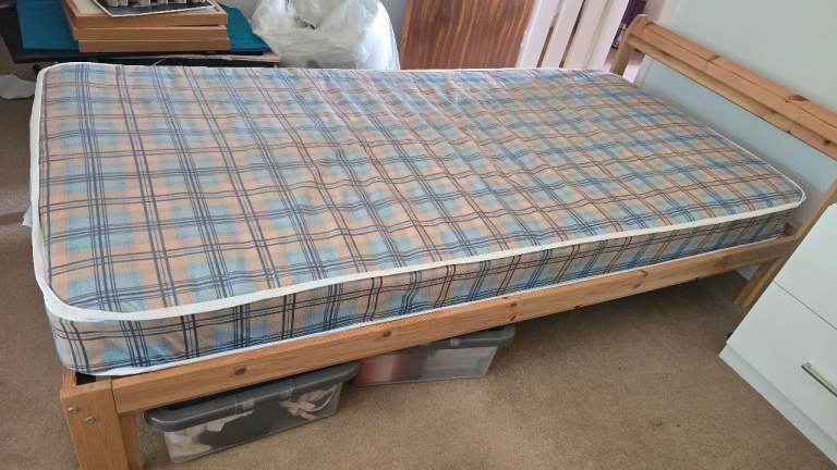 Single Pine Bed Frame with Mattress – Good Condition