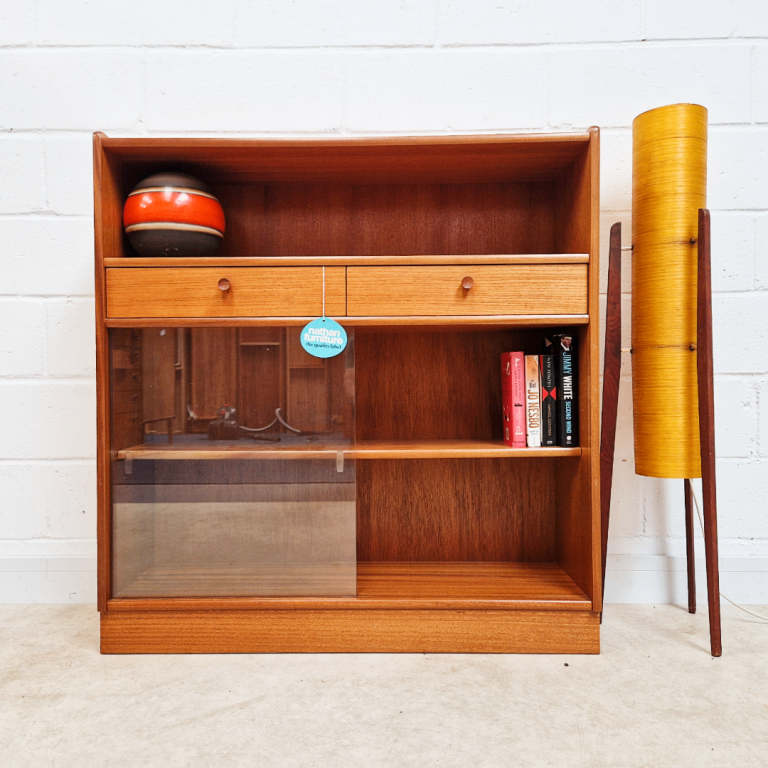Nathan Vintage Mid Century Medium Teak & Glazed Glass Slim Bookcase Sideboard PG356