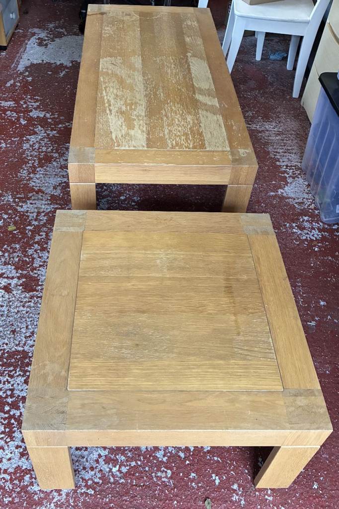 image for Matching Set Of Two Low Oak Wood Wooden Coffee Tables Large/Small Rectangular Top Block Legs