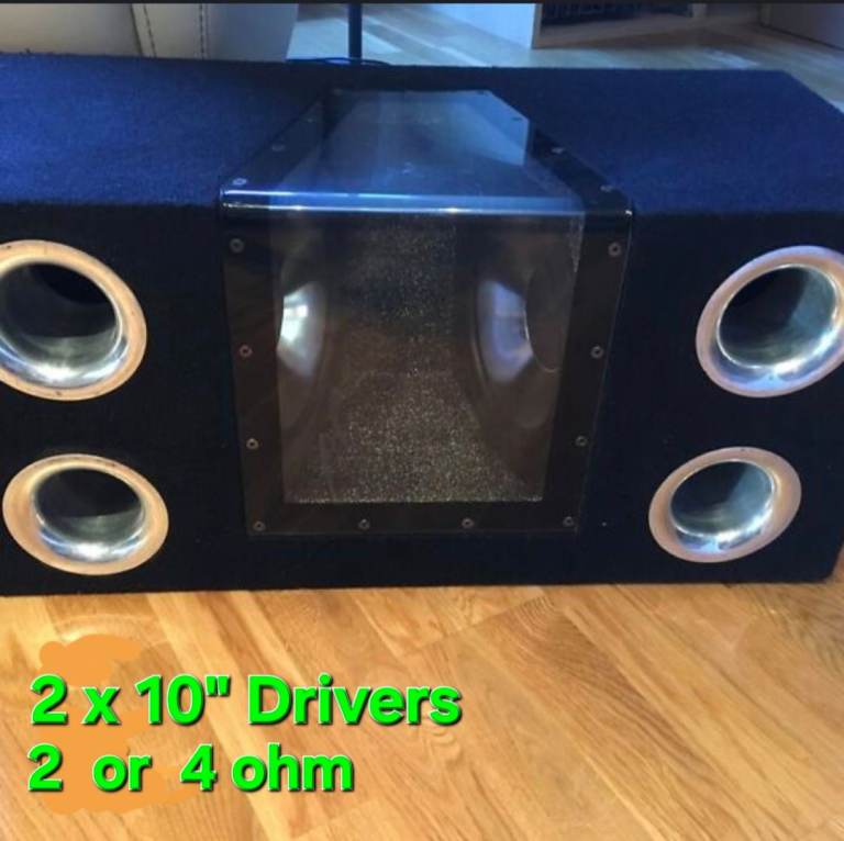 🔊3800W Car Subwoofer 2x10" Bandpass sealed chamber thick plexiglass window + 4 ported  rear chamber