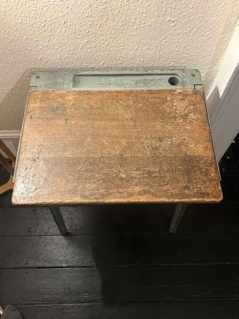 Vintage 1950s ESAVIAN wooden school desk hinged lid with metal frame