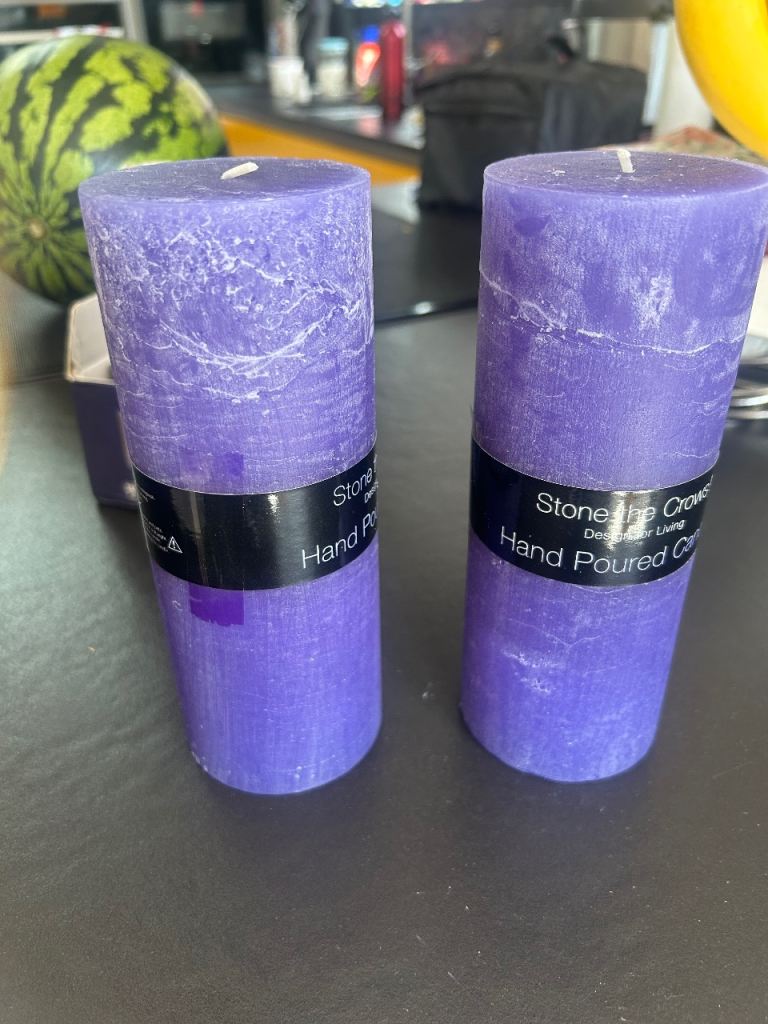 2 brand new thick 7” tall blue candles 