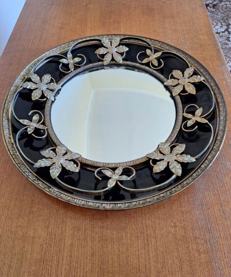 Vintage Ornate Round Wall Mirror with Floral Metal Frame 