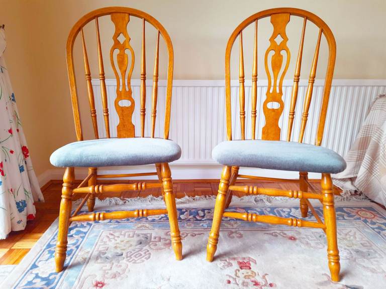 Solid Beech Wood Carved Dining Chairs - Matching Set of 2 - Vintage Rare Wooden Pair Two