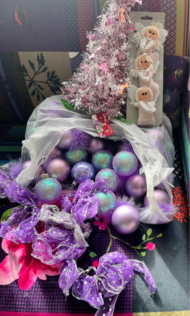 Disney tree & lilac & glitter purple Xmas decorations some new. 