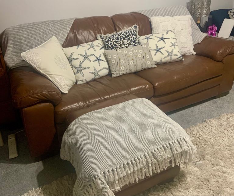 Dark tan leather 3 seater sofa 