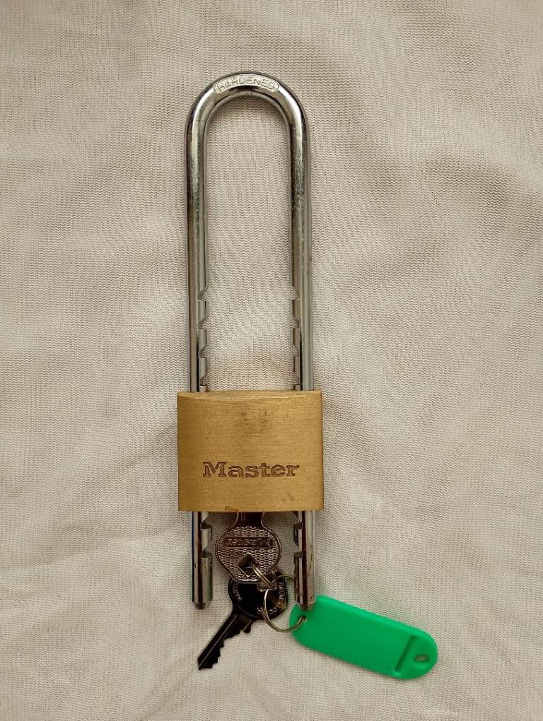 Master Hardened Long Shackle Padlock. 18 x 4.5 x 1.4 cm