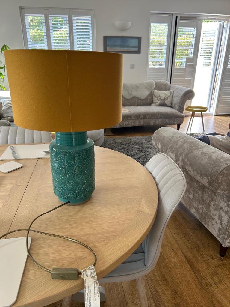 Stylish Teal Ceramic Table Lamp with Mustard Shade