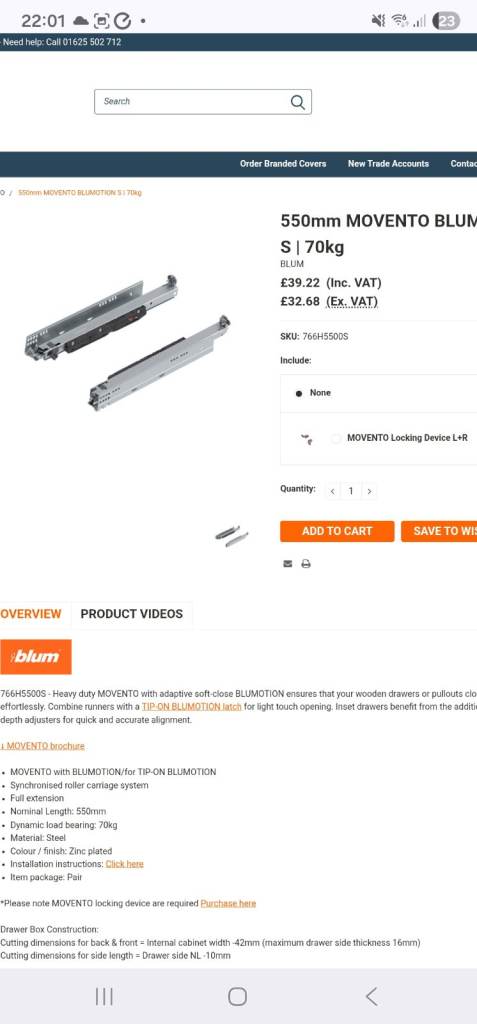  Blum MOVENTO 550mm Drawer Runners - 70kg Load undermount runners soft close