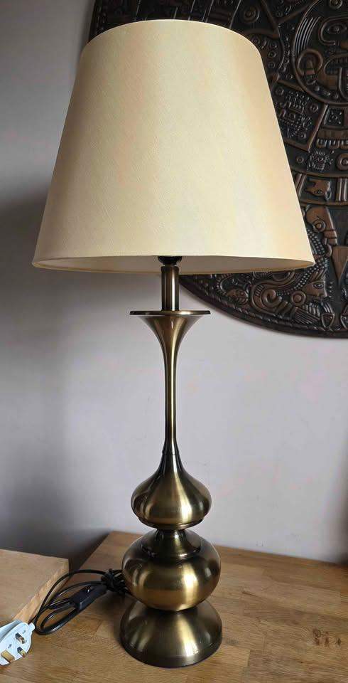 Large Antique Brass Table Lamp with a cream fabric shade