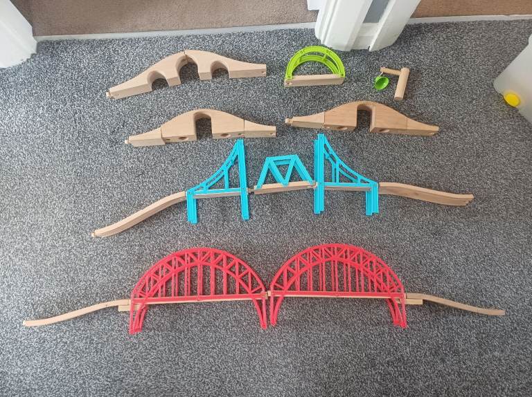 Large train track set with lots of bridges