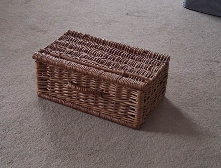 Traditional wickerwork picnic basket, never used.