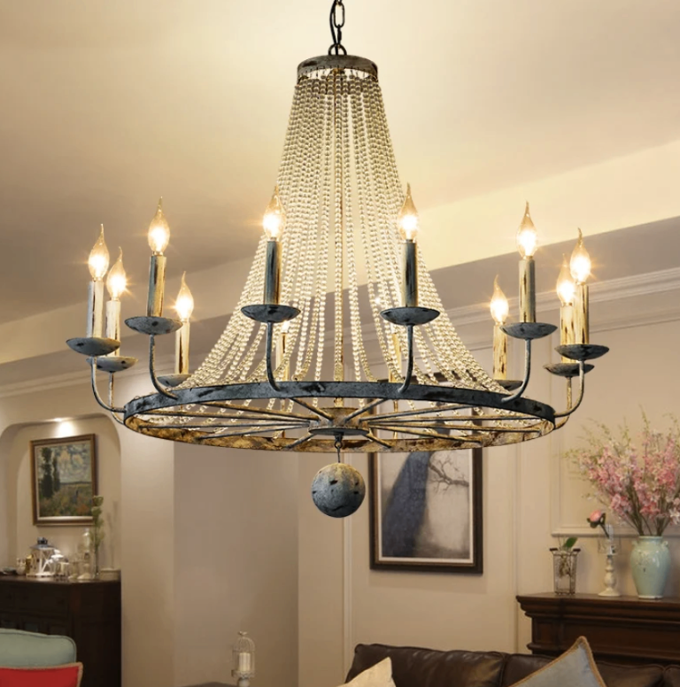 Pena French Country Candle-Shaped 12-Light Crystal Bead Strands Metal Wheel Chandelier