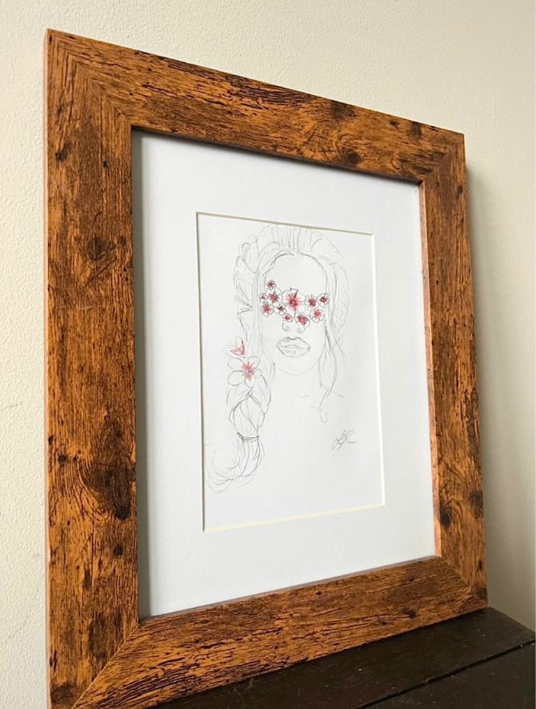 Framed Original Art Pencil Sketch Female Artwork Wall Hanging 