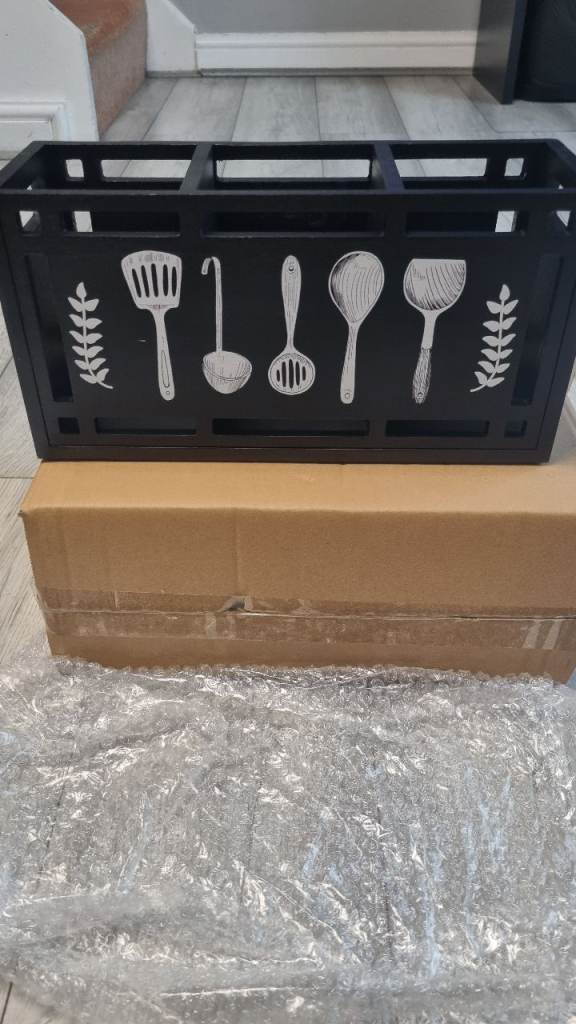 New Black Wooden Kitchen Utensil Holder Caddy with 3 Compartments