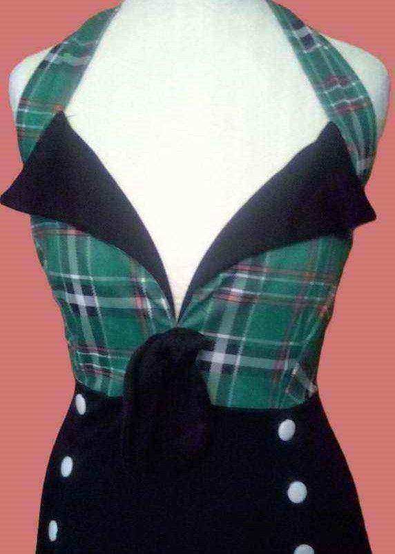New Green Black and White 1950's Style Plaid Tied Mock Button Halter Dress. Size 12.POST OR COLLECT!