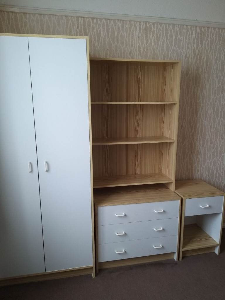 Bedroom furniture set, wardrobe, drawers, shelves, bedside cabinet, bookcase