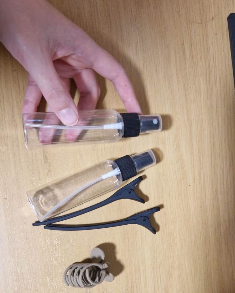 2 x Empty Spray Bottles, 2 x long hair clips and a curl clip