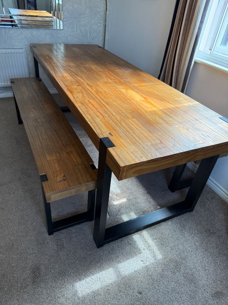 Natural & black solid wood pine 8 seater dining table & bench