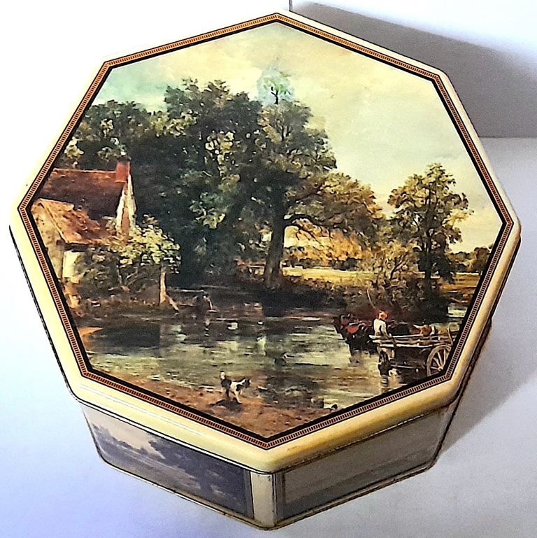 COLLECTABLE LIDDED TIN - SIMMERS - 5 X PLD MASTERS PAINTINGS - 21 cm diameter - GOOD