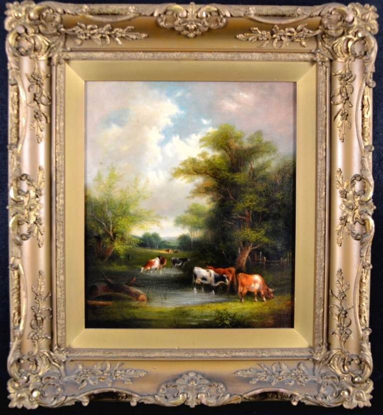 19th CENTURY ENGLISH OIL ON BOARD CATTLE IN RIVER LANDSCAPE ANTIQUE OIL PAINTING