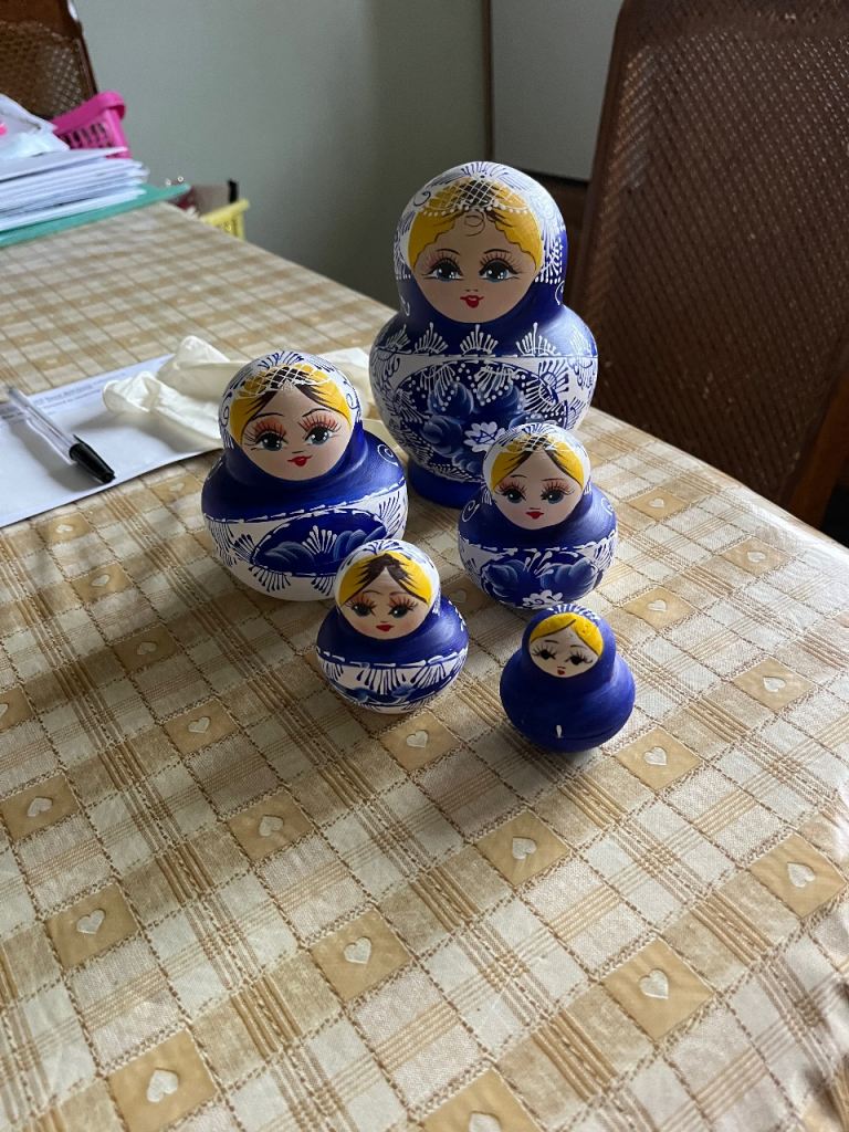 Set of 5 Blue & White Wooden Russian Nesting Dolls