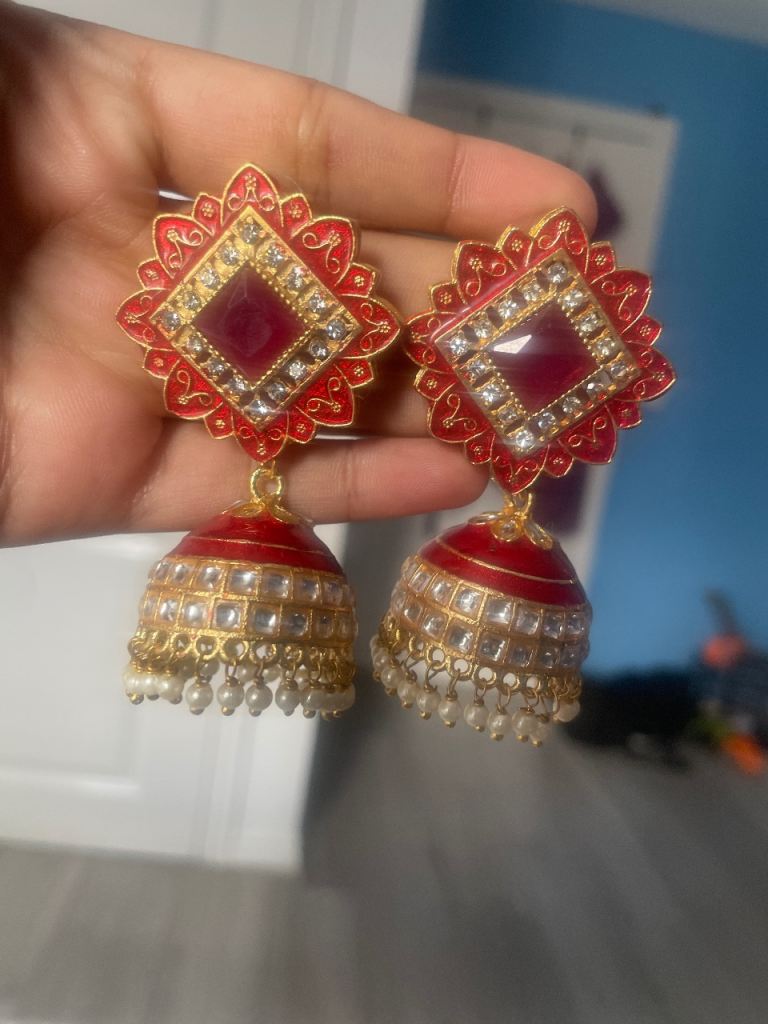 Stunning Red and Gold Jhumka Earrings with Faux Pearls