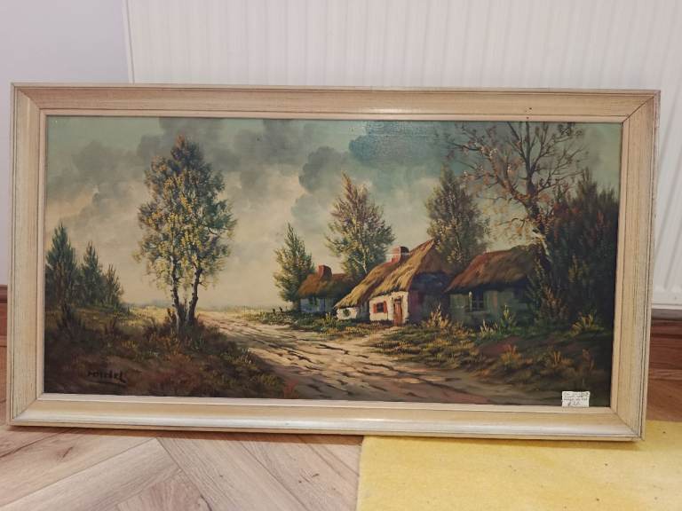 Oil Painting on Canvas Landscape Scene - damage to canvas, and wear on frame edge as seen in photo