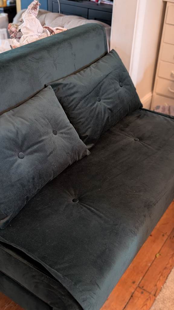 MADE Haru Small sofa bed, 2 seater green with 2 pillows