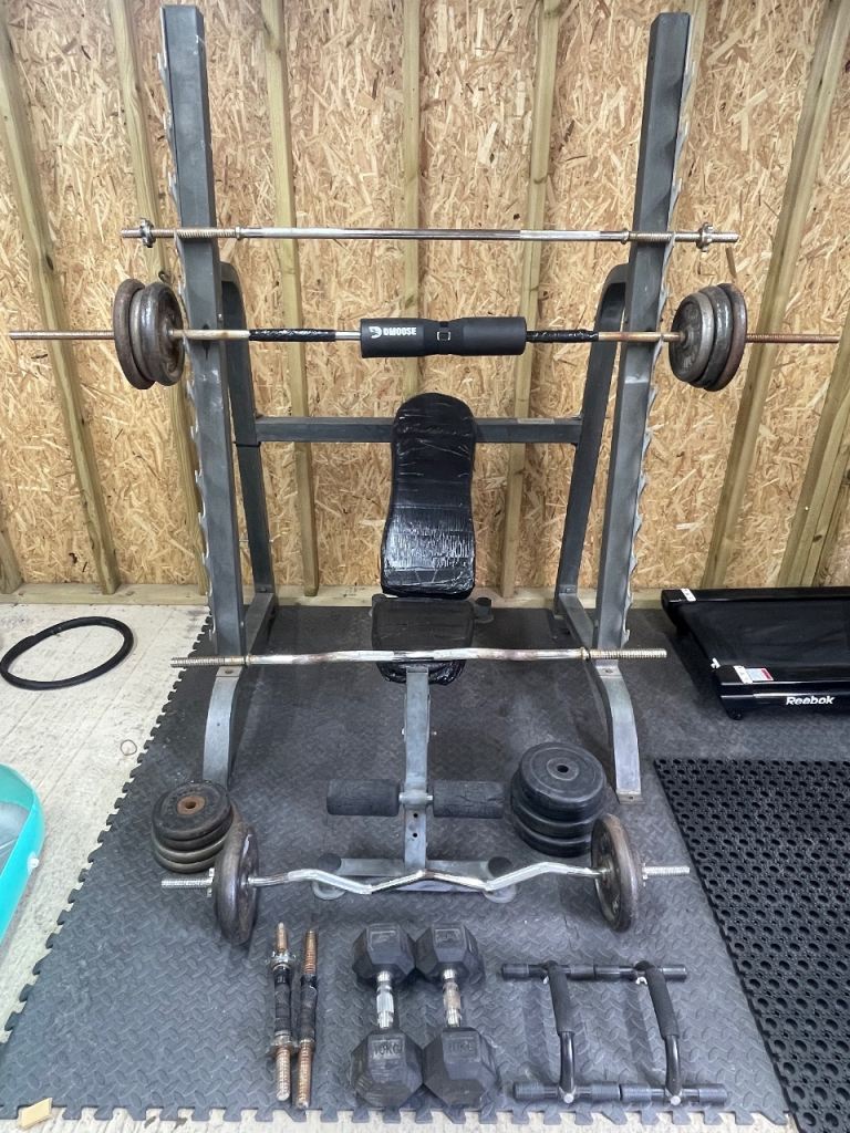 Full Home Gym Setup with Bench, Rack, Weights & Dumbbells