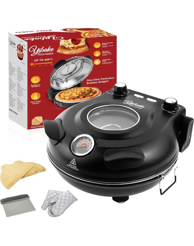 New Yibake Pizza Maker 1200W - 420°C Oven with Ceramic Stone, Peels & Cutter