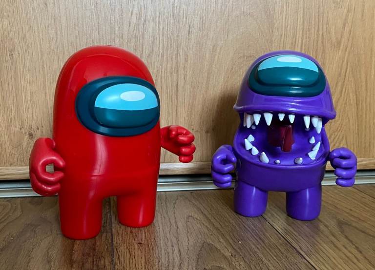AMONG US ACTION FIGURES CREWMATES X 2, RED AND PURPLE, 6.5 / 7” TALL, NO ACCESSORIES  
