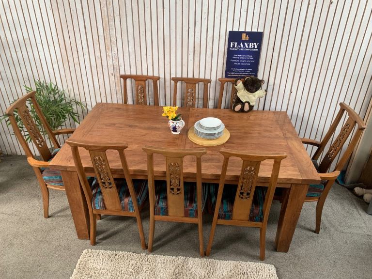 Large Solid Wood Extending Dining Table and 8 Chairs Set – Carved High Back,