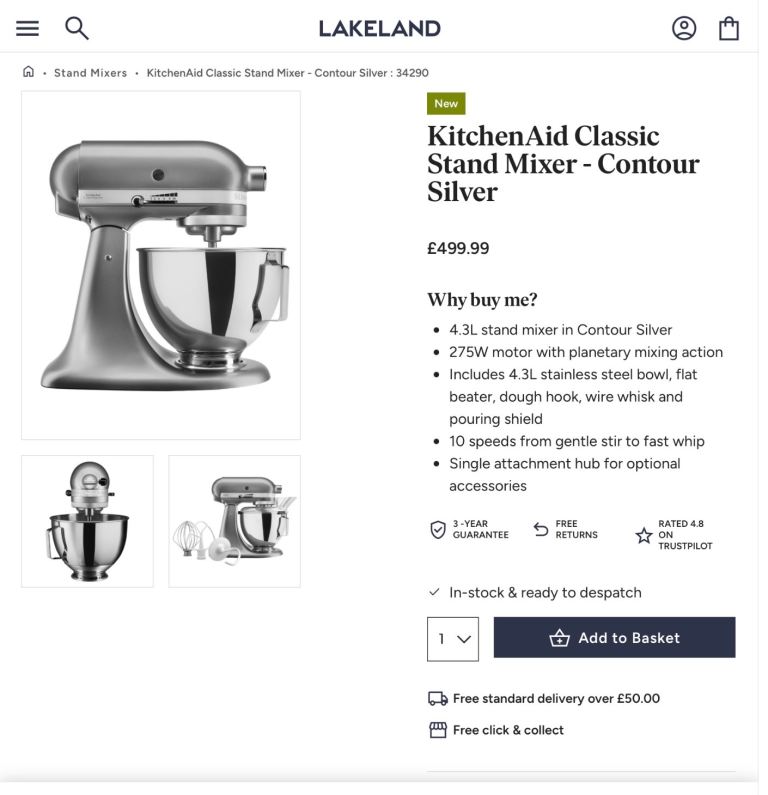 NEW KITCHENAID ARTSAN MIXER 4.8L  contour silver 