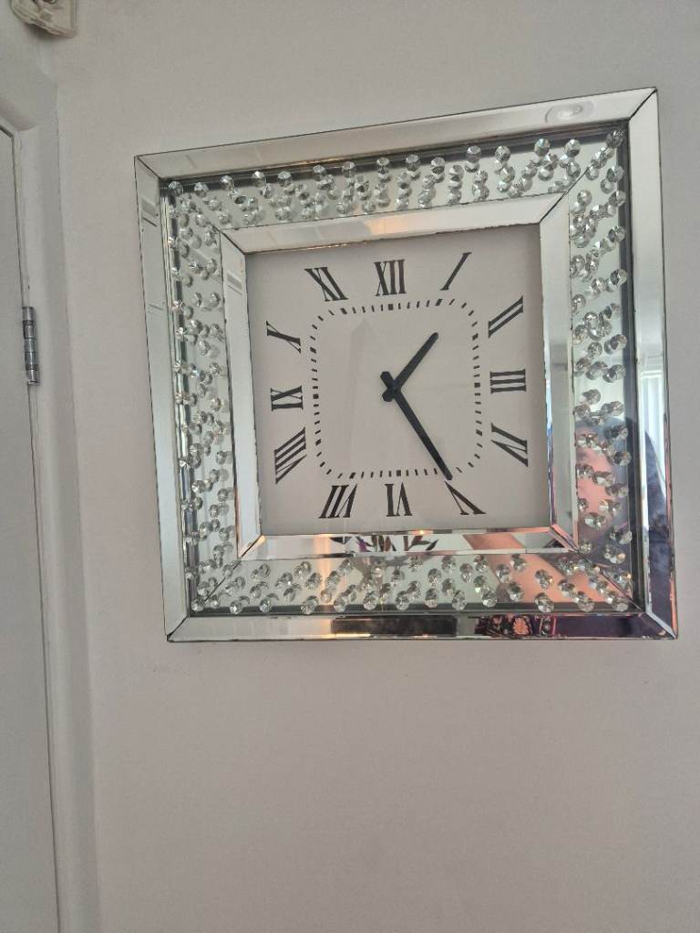 Large Mirrored Wall Clock with Crystal Details