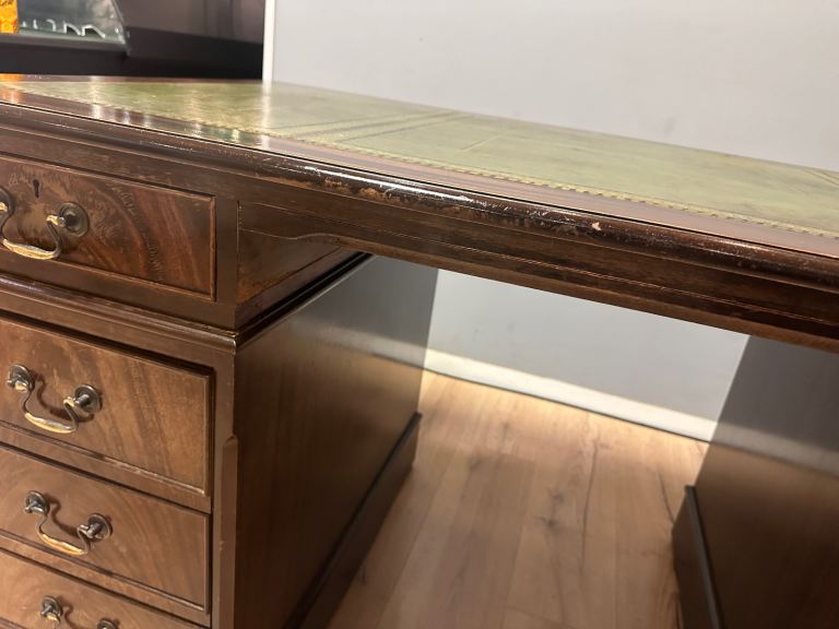 Large Antique Style Captains Bankers Desk Green Leather Twin Pedestal Partners #32