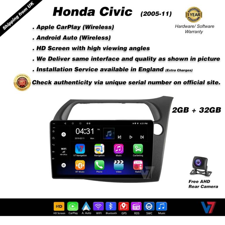 Civic 2005-11 European CARPLAY Android Auto HD Screen Head Unit GPS Stereo LCD Panel V7