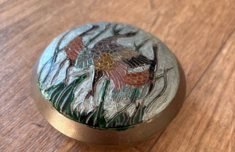 Vintage Brass Enamel Bird Design Trinket Box