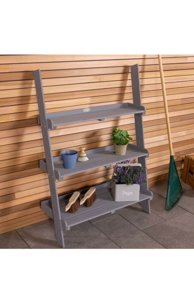 Charles Bentley FSC® 100% Wide Wooden Ladder Planter - Grey 3 Shelves