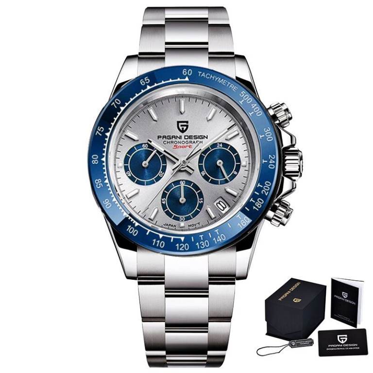New Gents PAGANI DESIGN Seiko VK63 Movement Silver Face Blue Chronograph Dials Silver Bracelet Watch