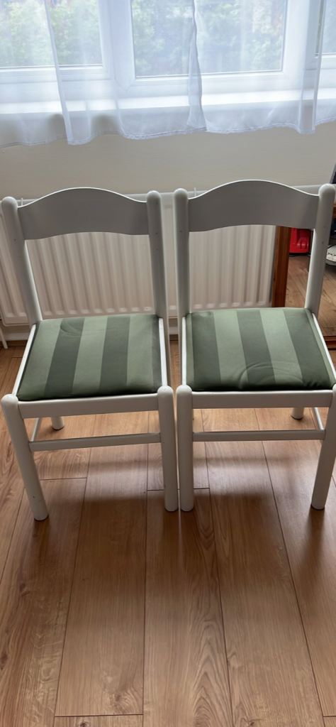 Pair of White Wooden Dining Chairs with Green Striped Cushions