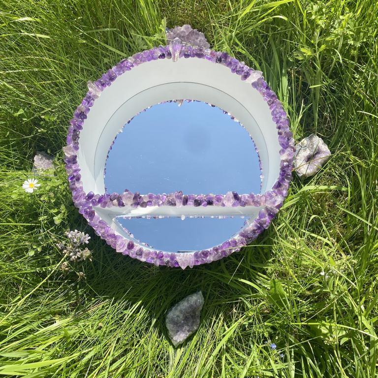 Handmade amethyst crystal shelf mirror