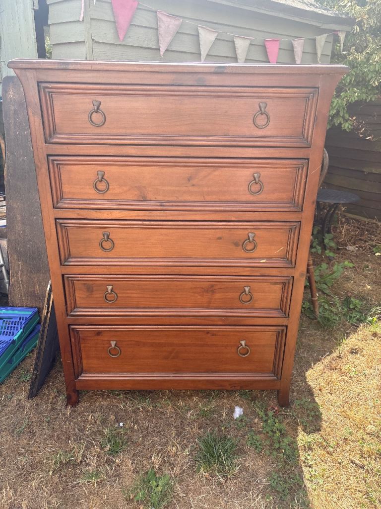 Sturdy Wooden Chest of Drawers - Five Drawers, Brown Finish