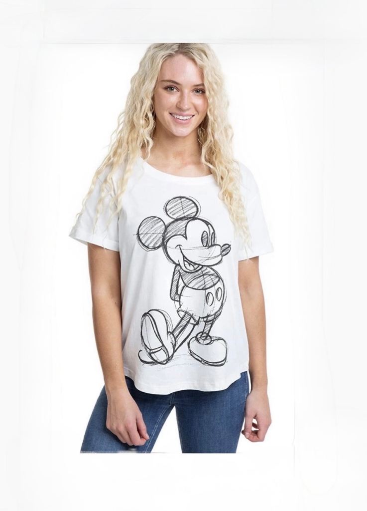 Disney Store Women's Mickey Mouse White Sketch Short Sleeve T-Shirt Top -Size:10