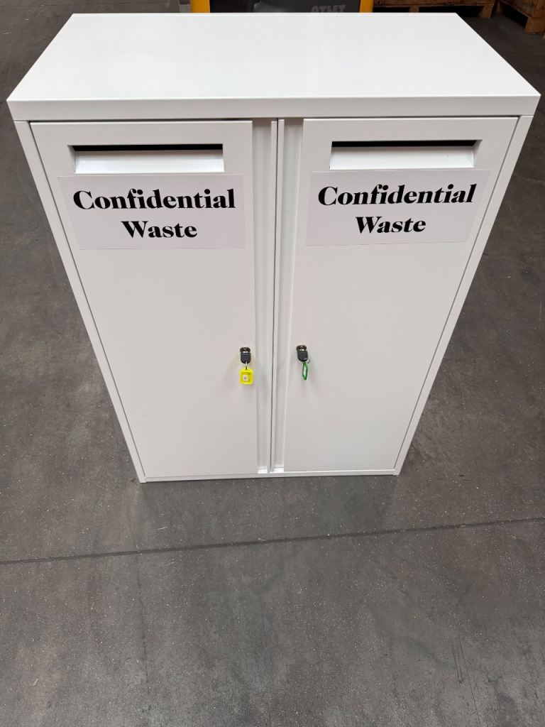 A pair of Confidential waste bins/lockable cupboards 