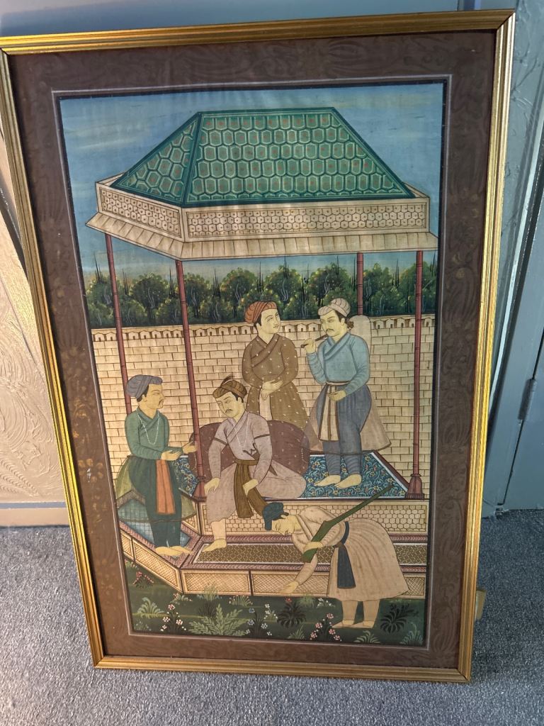 Chinese themed painting on material, framed