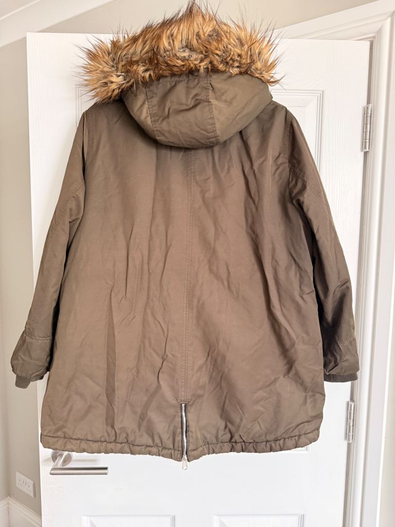 F&F - Olive Green Parka Coat with Faux Fur Hood - Size UK 22