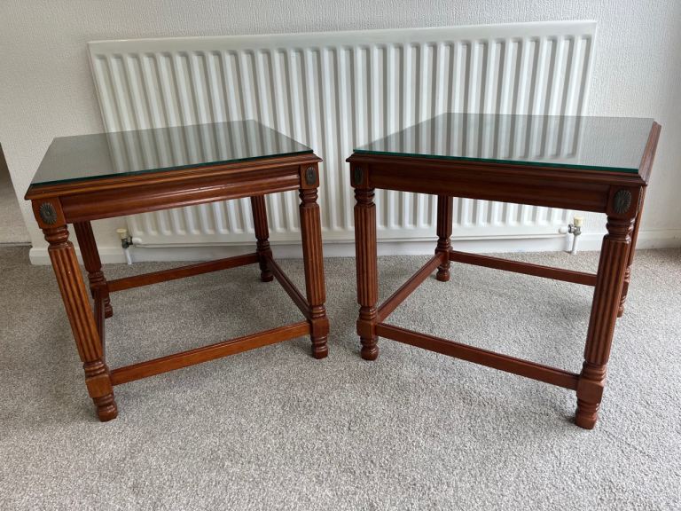 Pair of Wooden Side Tables with Glass Tops