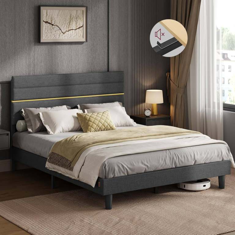 Grey King Size Bed Frame with Padded Headboard